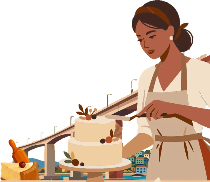 Confeiteira decorando um bolo, com a Terceira Ponte e Vila Velha ao fundo